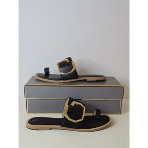 Louise et Cie Altan Sandals 9M Black Leather Gold Buckle Toe Ring Flat Slide